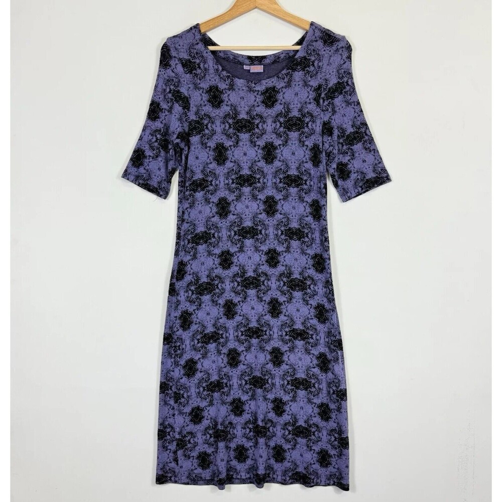 Tianello Dress Women's Medium Purple Black Artsy Circle Short Sleeve Stretch